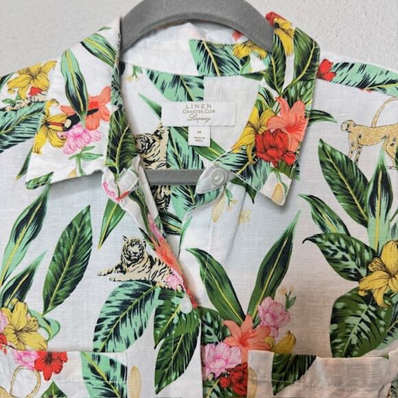 Luxury Linen Charter Club Sz Med Tropical Jungle Print Button Front Roll Sleeve - Picture 6 of 16